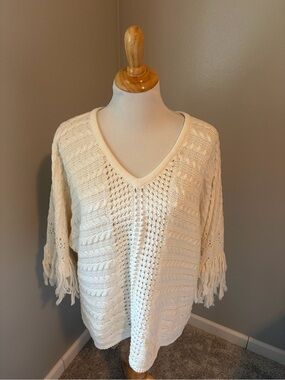 CAbi Cream V-Neck Crochet Fringe Fiesta Poncho Sweater #5803